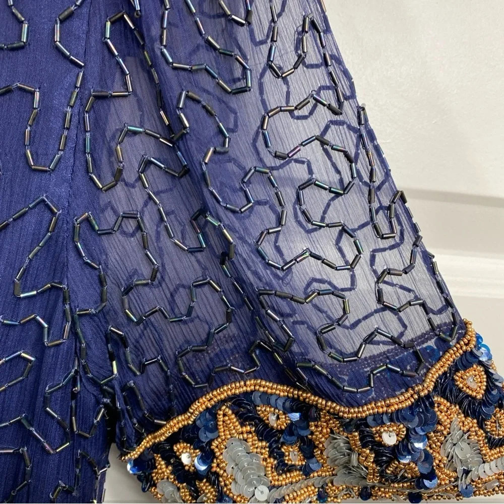 Vintage Silk Lawrence Kazar Embellished Beaded Sequined Sheath Dress Blue Gold M - Picture 8 of 8